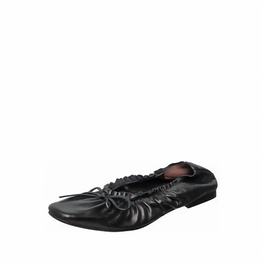 Antelope Black Leather Ruched Ballet Flats with Bow